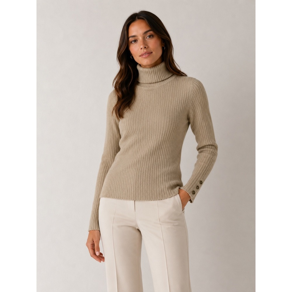 J.McLaughlin Beige Metallic Ribbed Turtleneck Sweater Gold Button Cuff Large